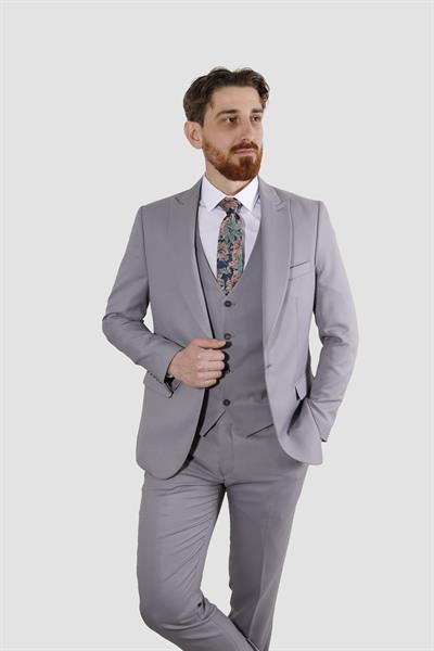 Erkek Armürlü Yelekli Slim Fit Takım Elbise 2810-GRİ