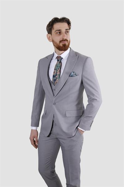 Erkek Tek Düğme Düz Yelekli Slim Fit Takım Elbise 2813-AÇIKGRİ