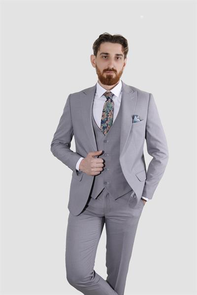 Erkek Tek Düğme Düz Yelekli Slim Fit Takım Elbise 2813-AÇIKGRİ
