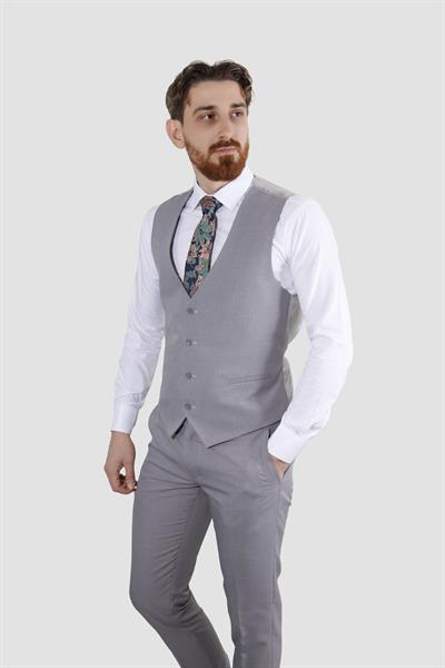 Erkek Tek Düğme Düz Yelekli Slim Fit Takım Elbise 2813-AÇIKGRİ