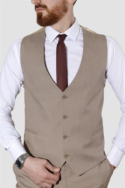 Erkek Tek Düğme Düz Yelekli Slim Fit Takım Elbise 2813-BEJ