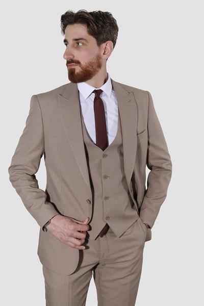 Erkek Tek Düğme Düz Yelekli Slim Fit Takım Elbise 2813-BEJ