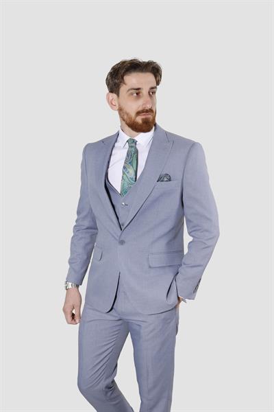 Erkek Tek Düğme Düz Yelekli Slim Fit Takım Elbise 2813-MAVİ