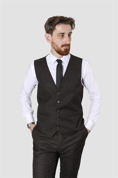 Erkek Desenli Yelekli Slim Fit Takım Elbise 2865-KAHVE