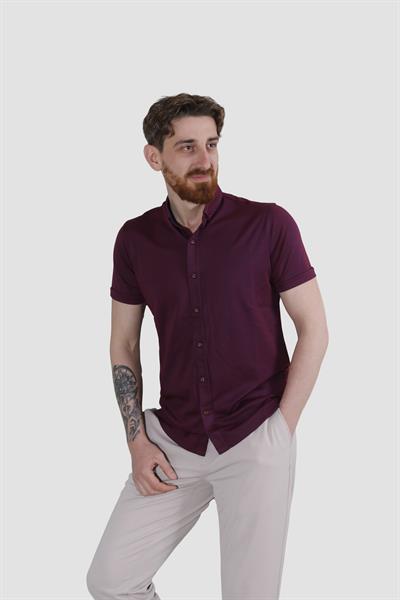 Erkek Kısa Kollu Nefes Alabilen Yazlık Pamuklu Slim Fit Gömlek 2910-G-BORDO