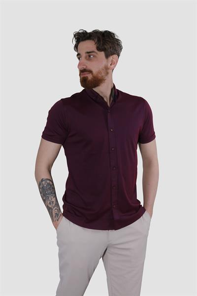 Erkek Kısa Kollu Nefes Alabilen Yazlık Pamuklu Slim Fit Gömlek 2910-G-BORDO