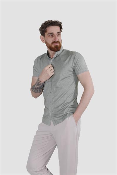 Erkek Kısa Kollu Nefes Alabilen Yazlık Pamuklu Slim Fit Gömlek 2910-G-HAKİ