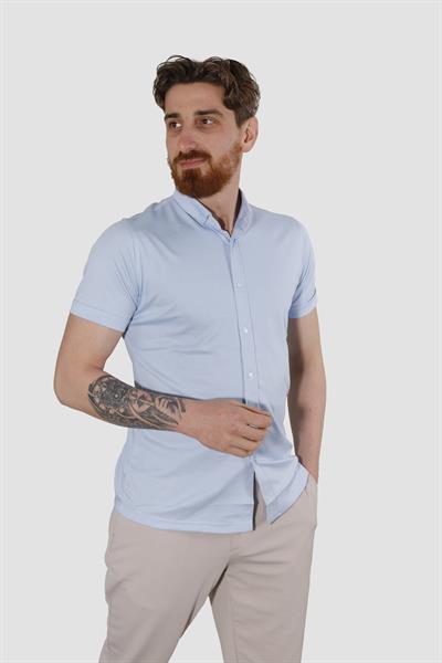 Erkek Kısa Kollu Nefes Alabilen Yazlık Pamuklu Slim Fit Gömlek 2910-G-MAVİ
