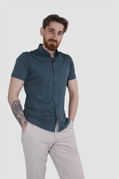Erkek Kısa Kollu Nefes Alabilen Yazlık Pamuklu Slim Fit Gömlek 2910-G-MİNT