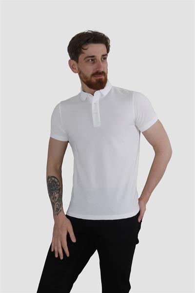Erkek Polo Yaka Desenli Pamuklu Slim Fit Tişört 2976Y-BEYAZ