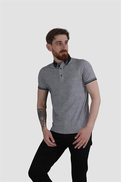 Erkek Polo Yaka Desenli Pamuklu Slim Fit Tişört 2976Y-SİYAH
