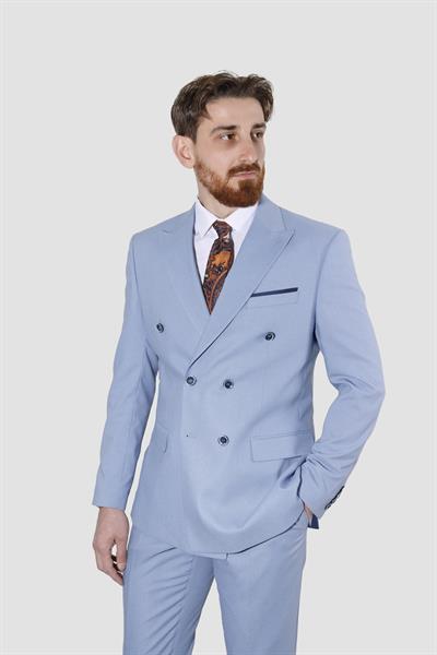 Erkek Kruvaze Slim Fit Takım Elbise 3023-MAVİ