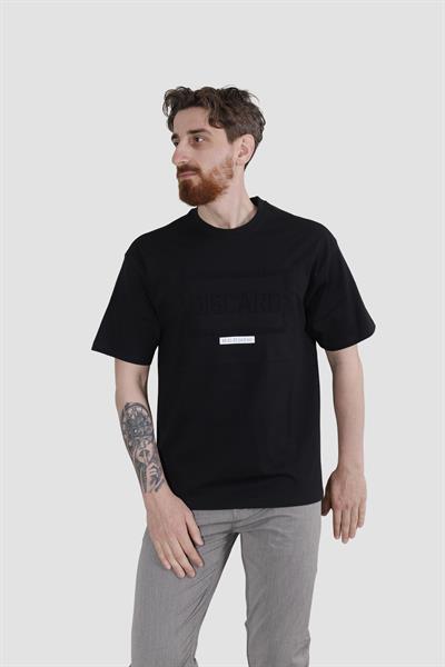 Erkek Bisiklet Yaka Baskılı Oversize Pamuklu Tişört  3064-SİYAH
