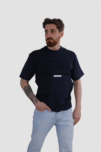 Erkek Bisiklet Yaka Baskılı Oversize Pamuklu Tişört  3064-LACİVERT