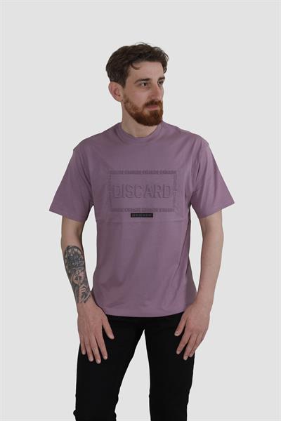Erkek Bisiklet Yaka Baskılı Oversize Pamuklu Tişört  3064-LİLA