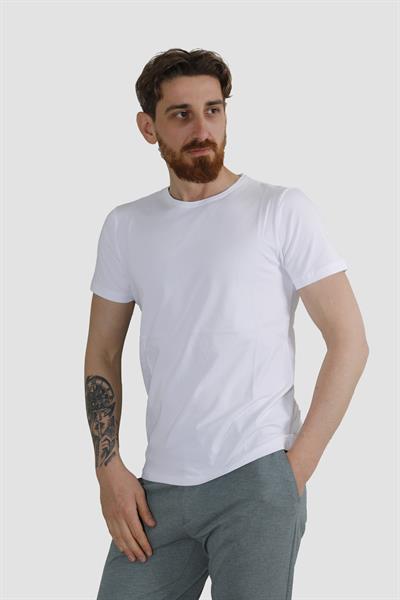 Erkek Bisiklet Yaka Düz Pamuklu Slim Fit Tişört 3068-BEYAZ