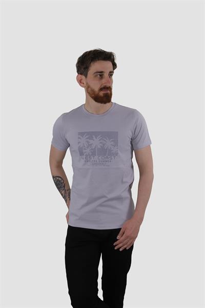 Erkek Bisiklet Yaka Palmiye Ağacı Baskılı Pamuklu Slim Fit Tişört 3074-LİLA