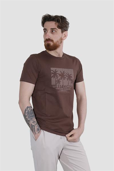 Erkek Bisiklet Yaka Palmiye Ağacı Baskılı Pamuklu Slim Fit Tişört 3074-BORDO