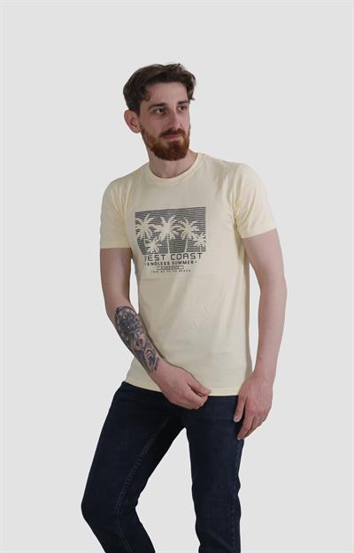 Erkek Bisiklet Yaka Palmiye Ağacı Baskılı Pamuklu Slim Fit Tişört 3074-SARI