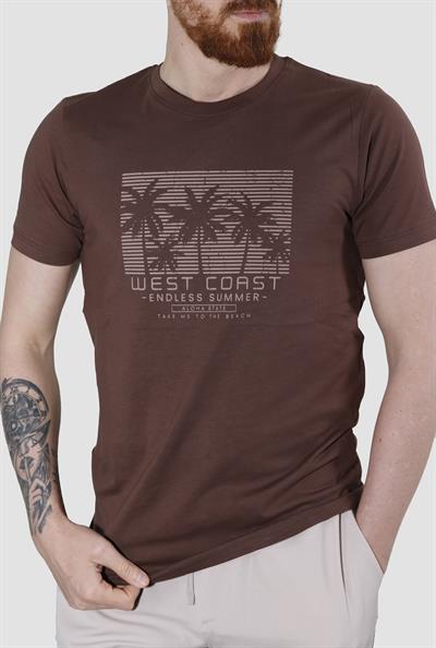 Erkek Bisiklet Yaka Palmiye Ağacı Baskılı Pamuklu Slim Fit Tişört 3074-BORDO