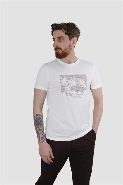Erkek Bisiklet Yaka Palmiye Ağacı Baskılı Pamuklu Slim Fit Tişört 3074-KREM