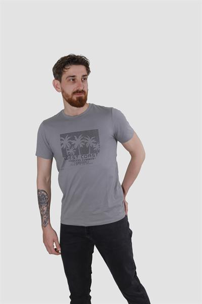 Erkek Bisiklet Yaka Palmiye Ağacı Baskılı Pamuklu Slim Fit Tişört 3074-ANTRASİT