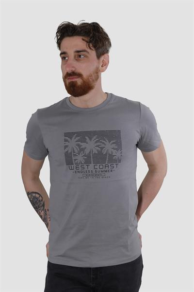 Erkek Bisiklet Yaka Palmiye Ağacı Baskılı Pamuklu Slim Fit Tişört 3074-ANTRASİT