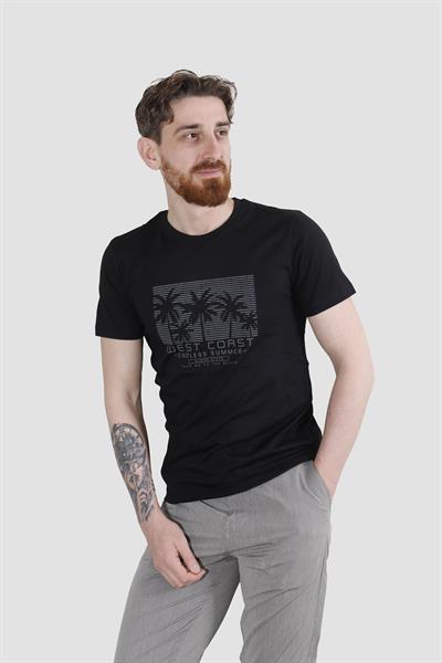 Erkek Bisiklet Yaka Palmiye Ağacı Baskılı Pamuklu Slim Fit Tişört 3074-SİYAH