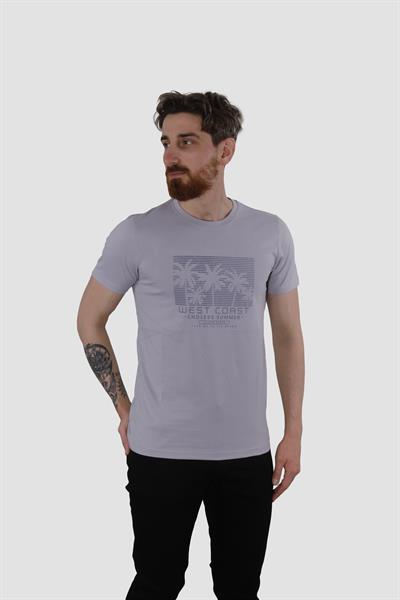 Erkek Bisiklet Yaka Palmiye Ağacı Baskılı Pamuklu Slim Fit Tişört 3074-LİLA