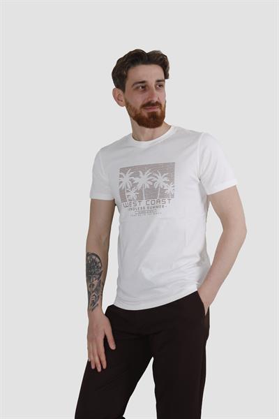 Erkek Bisiklet Yaka Palmiye Ağacı Baskılı Pamuklu Slim Fit Tişört 3074-KREM