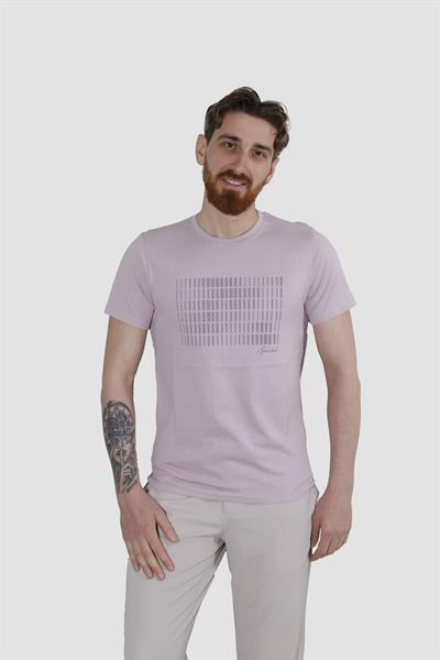 Erkek Bisiklet Yaka Baskılı Pamuklu Slim Fit Tişört 3087-LİLA
