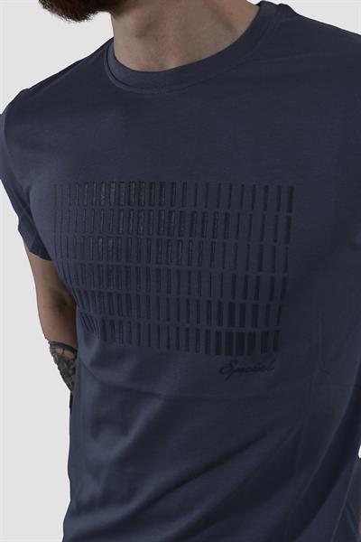 Erkek Bisiklet Yaka Baskılı Pamuklu Slim Fit Tişört 3087-KOYU MAVİ