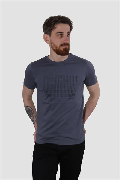 Erkek Bisiklet Yaka Baskılı Pamuklu Slim Fit Tişört 3087-KOYU MAVİ