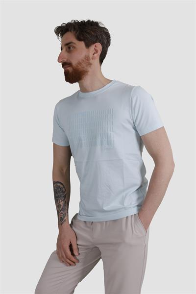 Erkek Bisiklet Yaka Baskılı Pamuklu Slim Fit Tişört 3087-BEBE MAVİ