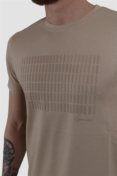 Erkek Bisiklet Yaka Baskılı Pamuklu Slim Fit Tişört 3087-TOPRAK