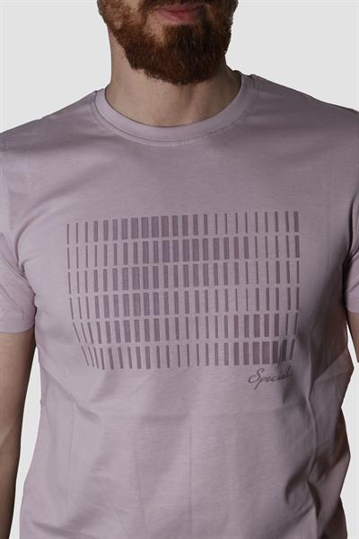 Erkek Bisiklet Yaka Baskılı Pamuklu Slim Fit Tişört 3087-LİLA