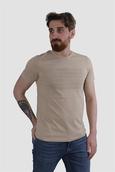 Erkek Bisiklet Yaka Baskılı Pamuklu Slim Fit Tişört 3087-TOPRAK