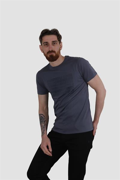 Erkek Bisiklet Yaka Baskılı Pamuklu Slim Fit Tişört 3087-KOYU MAVİ