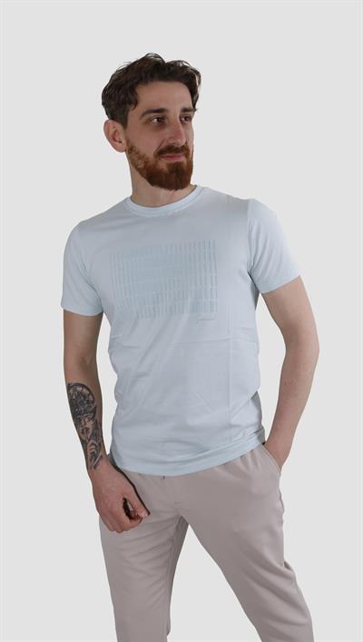 Erkek Bisiklet Yaka Baskılı Pamuklu Slim Fit Tişört 3087-BEBE MAVİ