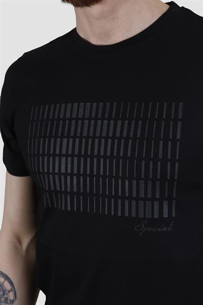 Erkek Bisiklet Yaka Baskılı Pamuklu Slim Fit Tişört 3087-SİYAH