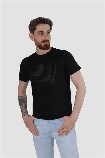 Erkek Bisiklet Yaka Baskılı Pamuklu Slim Fit Tişört 3087-SİYAH
