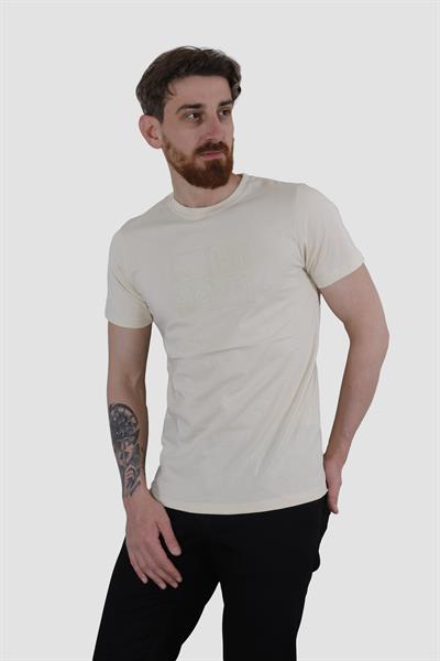 Erkek Bisiklet Yaka Bisiklet Baskılı Pamuklu Slim Fit Tişört 3107-AÇIK SARI