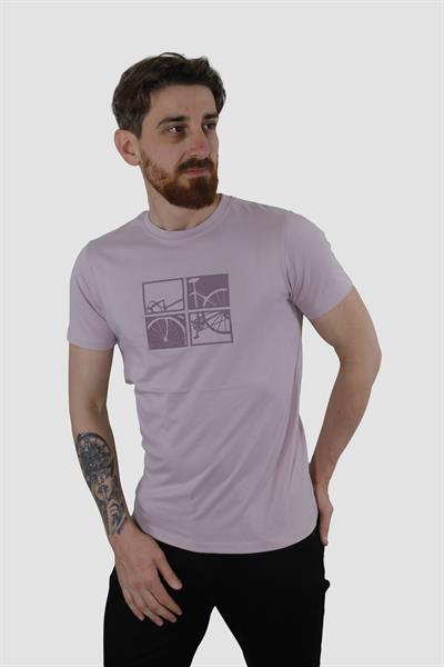 Erkek Bisiklet Yaka Bisiklet Baskılı Pamuklu Slim Fit Tişört 3107-GÜL KURUSU