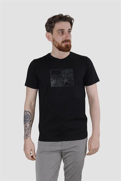 Erkek Bisiklet Yaka Bisiklet Baskılı Pamuklu Slim Fit Tişört 3107-SİYAH