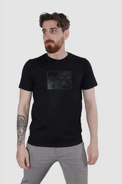 Erkek Bisiklet Yaka Bisiklet Baskılı Pamuklu Slim Fit Tişört 3107-SİYAH