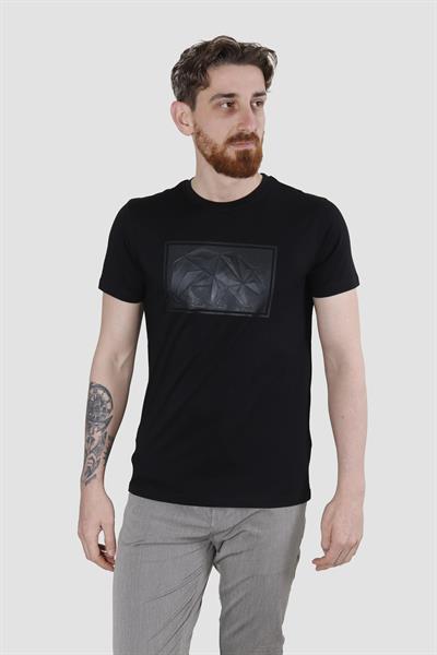 Erkek Bisiklet Yaka Gofre Ayı Baskılı Pamuklu Slim Fit Tişört 3115-SİYAH