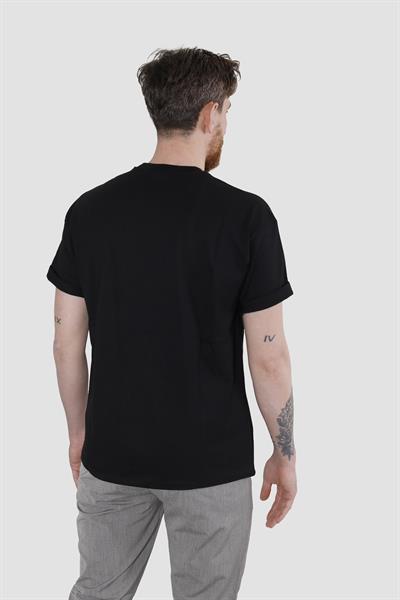 Erkek Bisiklet Yaka Geyik Baskılı Pamuklu Oversize Tişört-SİYAH