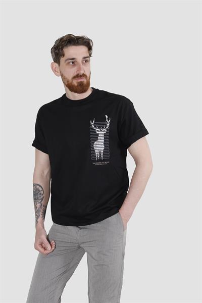 Erkek Bisiklet Yaka Geyik Baskılı Pamuklu Oversize Tişört-SİYAH