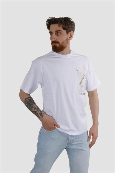Erkek Bisiklet Yaka Geyik Baskılı Pamuklu Oversize Tişört-BEYAZ