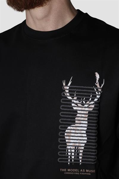 Erkek Bisiklet Yaka Geyik Baskılı Pamuklu Oversize Tişört-SİYAH